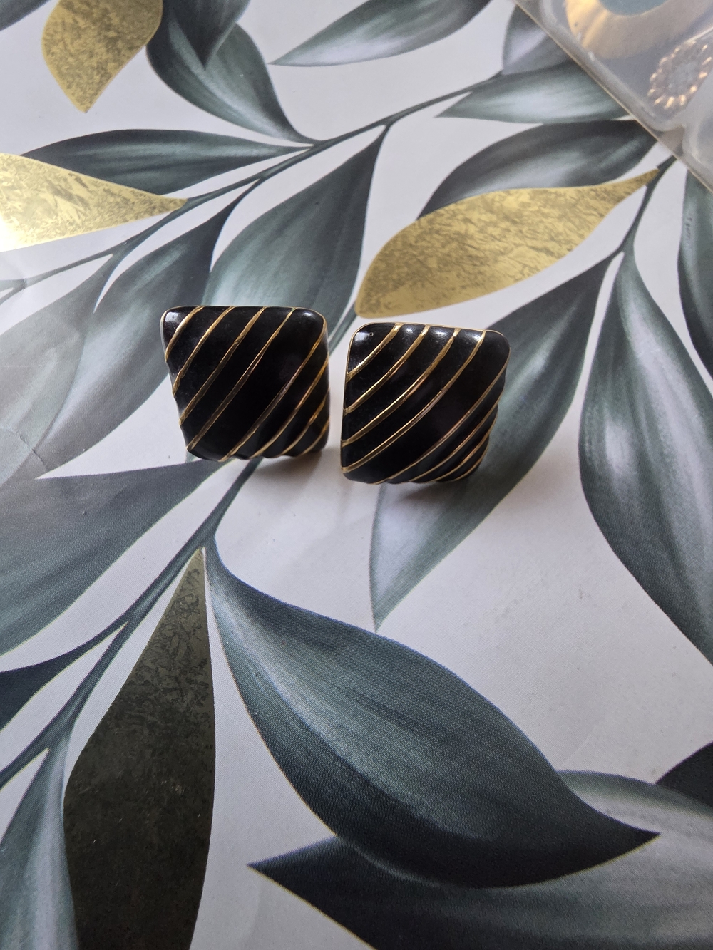 Black and Gold Napri Striped Square Clip-On Earrings